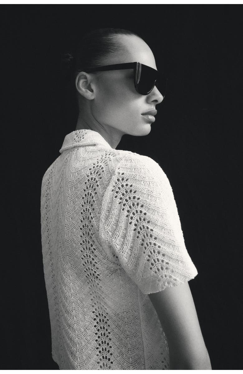 H&M Short-sleeved Crochet-look Shirt, Alternate, color, Cream