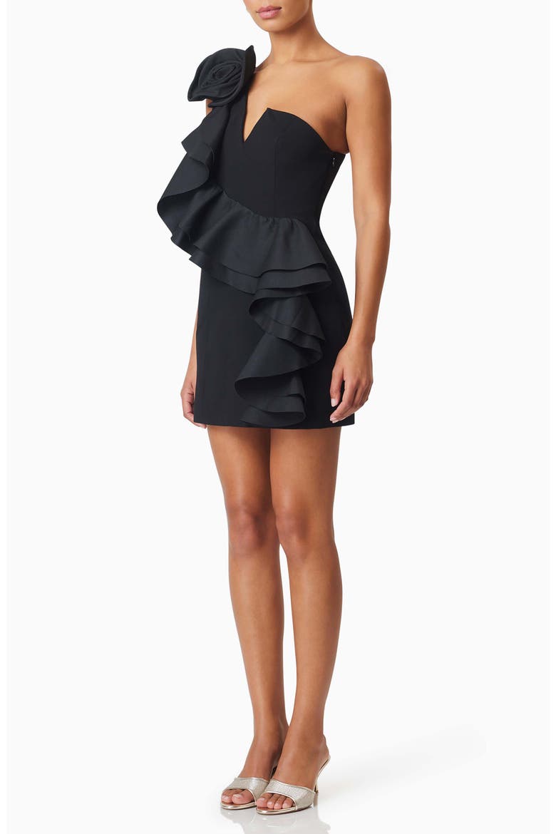 Halona Floral Detail One-Shoulder Cocktail Minidress, Alternate, color, BLACK