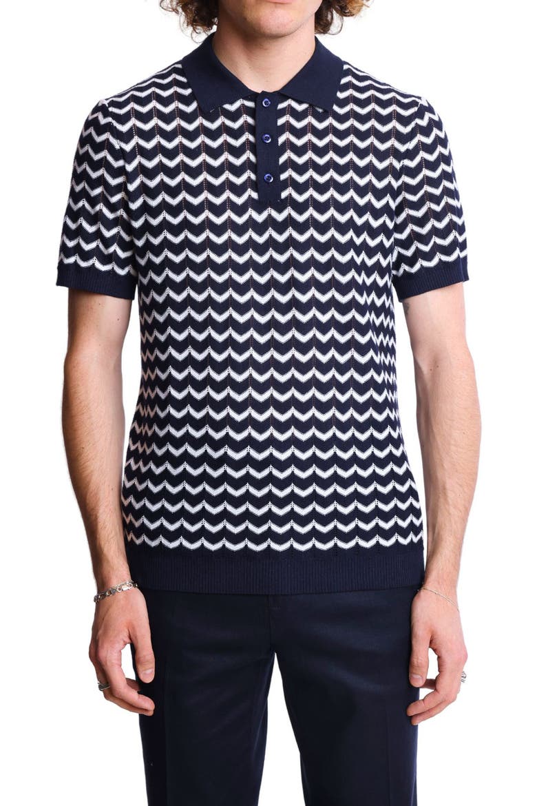 Chevron Open Knit Polo, Main, color, NAVY & WHITE ZIG ZAG