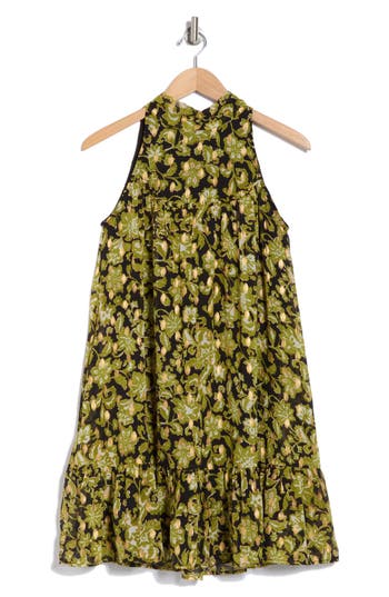 Melloday Mock Neck Sleeveless Trapeze Dress In Olive Multi
