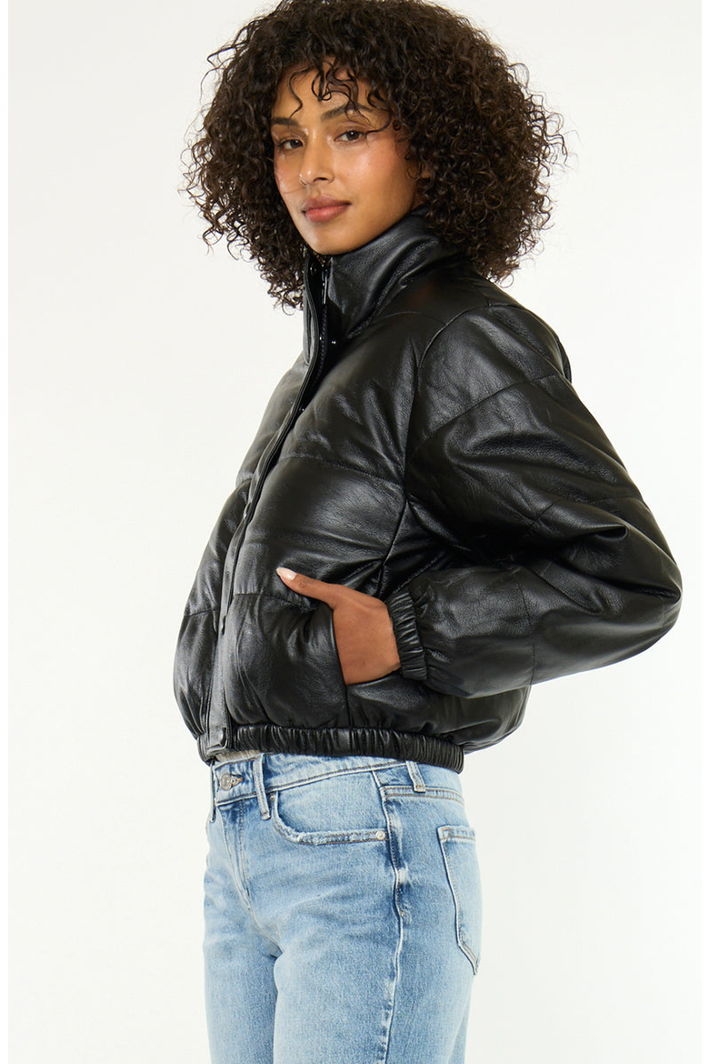 Taylor Cropped Faux Leather Puffer Jacket, Alternate, color, Black