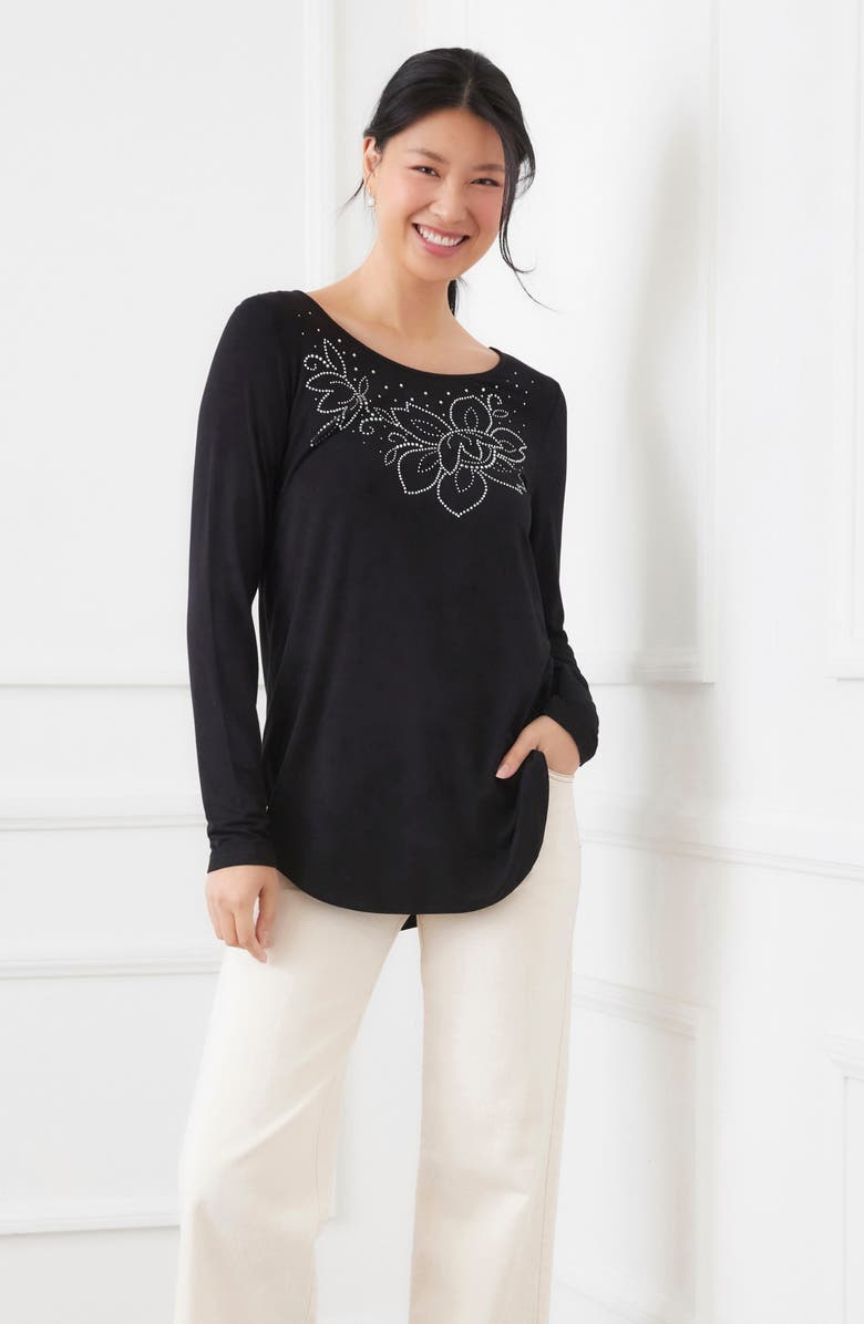 Karen Kane Embellished Floral Shirttail Top, Alternate, color, Black
