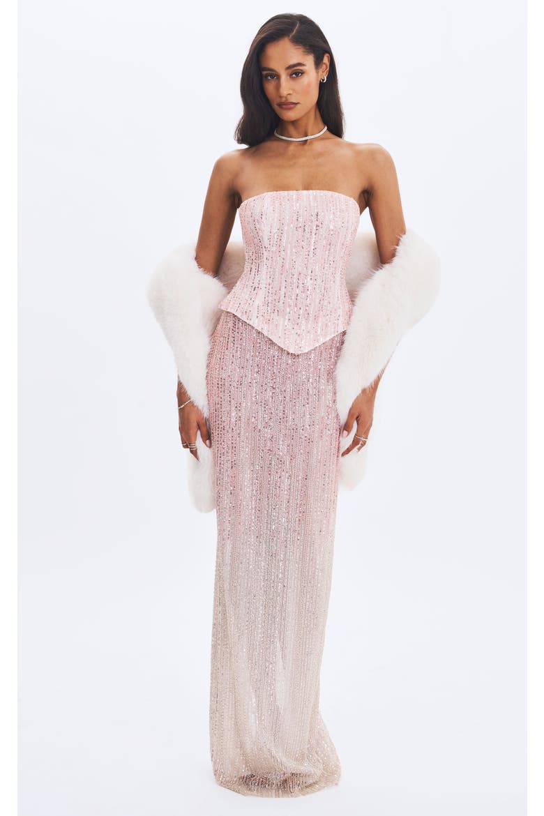 Tosca Beaded Gradient Strapless Peplum Maxi Dress, Main, color, Blush