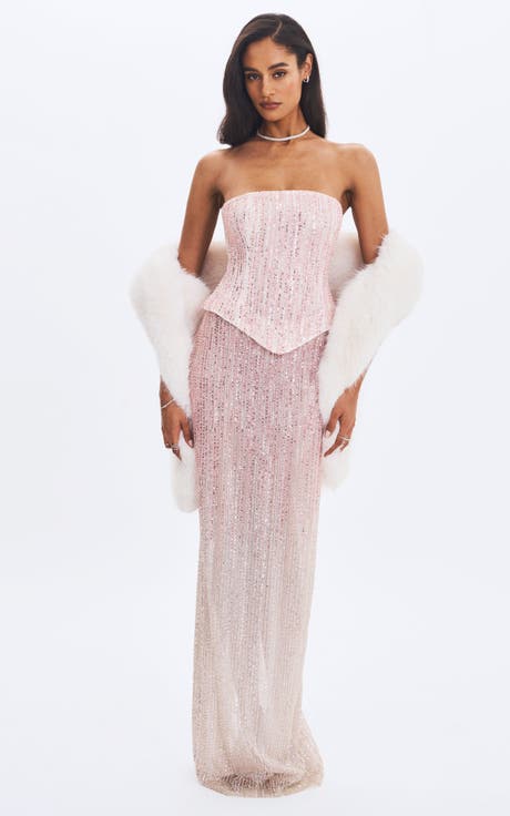 Tosca Beaded Gradient Strapless Peplum Maxi Dress