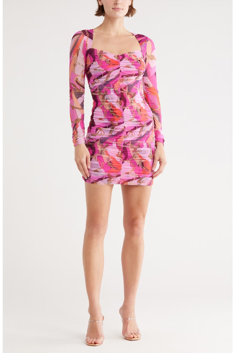 Lolisa Ruched Long Sleeve Mesh Minidress, Main, color, PINK MULTI BUCKLE SWIRL