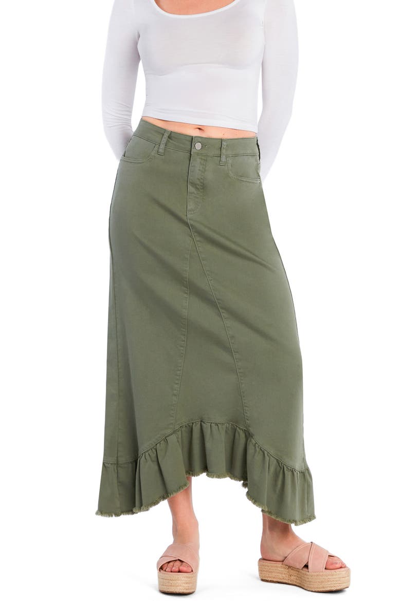 Pieced Ruffle Denim Maxi Skirt, Alternate, color, OLIVE