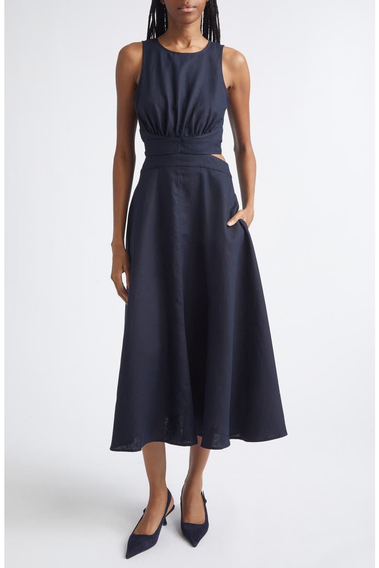 Hazel Cutout Detail Linen & Cotton Dress, Main, color, NAVY