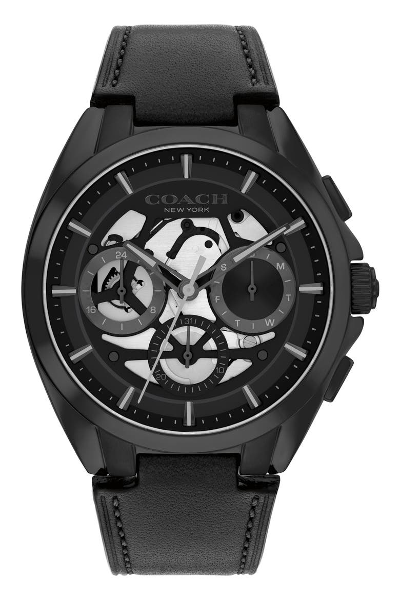 Jackson Black Multifunction Leather Strap Watch, 41.5mm, Main, color, BLACK