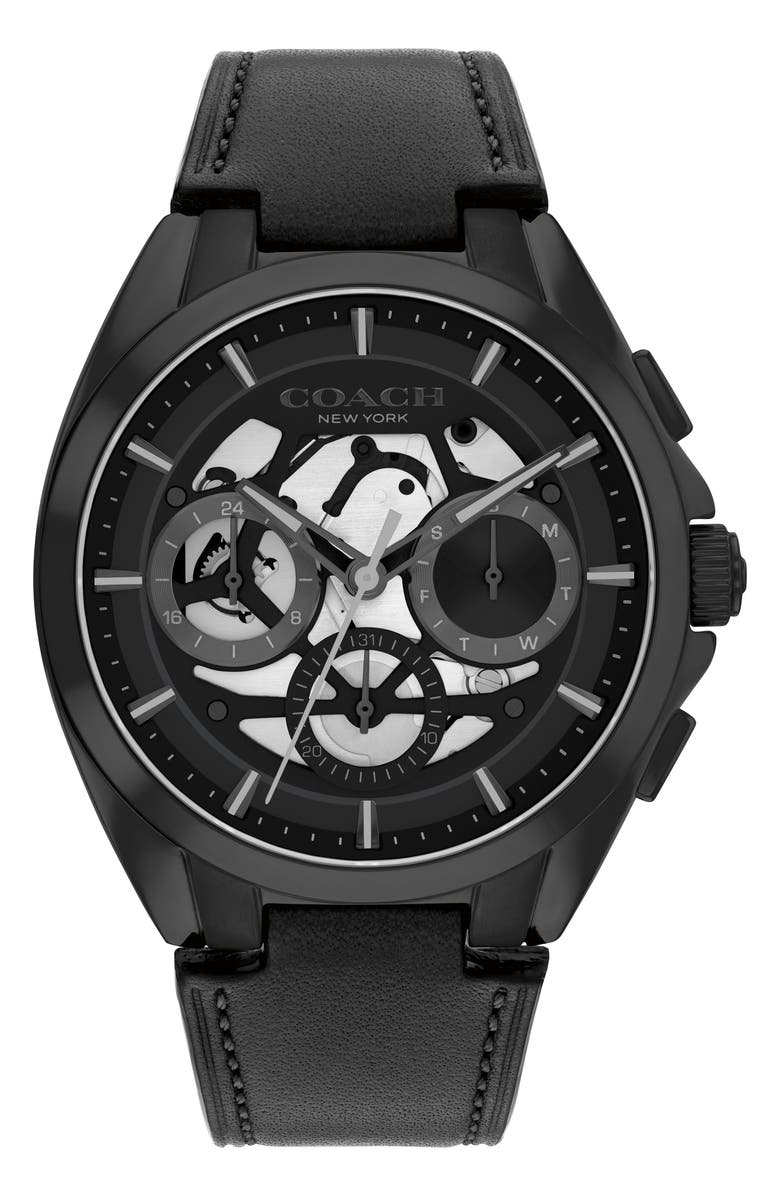 COACH Jackson Black Multifunction Leather Strap Watch, 41.5mm, Main, color, Black