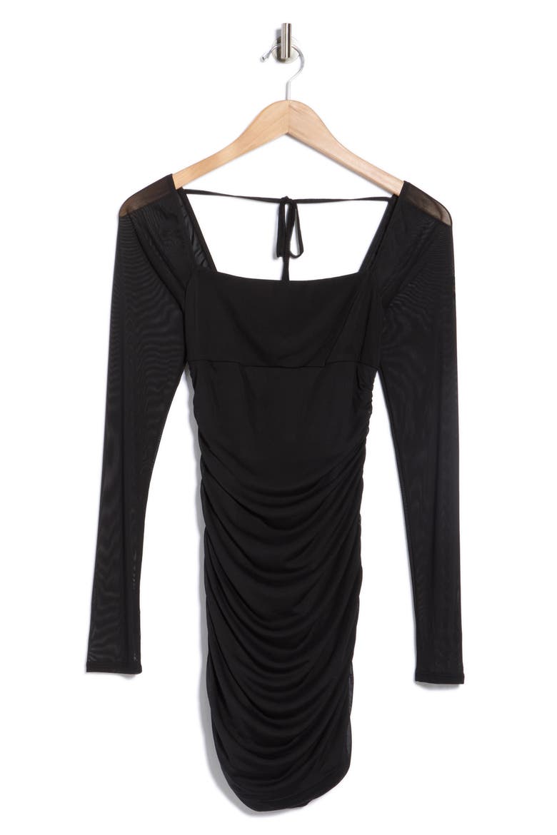 Long Sleeve Ruched Mesh Minidress, Alternate, color, BLACK