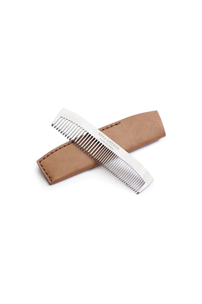 No. 1827 Stainless Steel Metal Pocket Comb with Leather Sleeve, Main, color, Whiskey