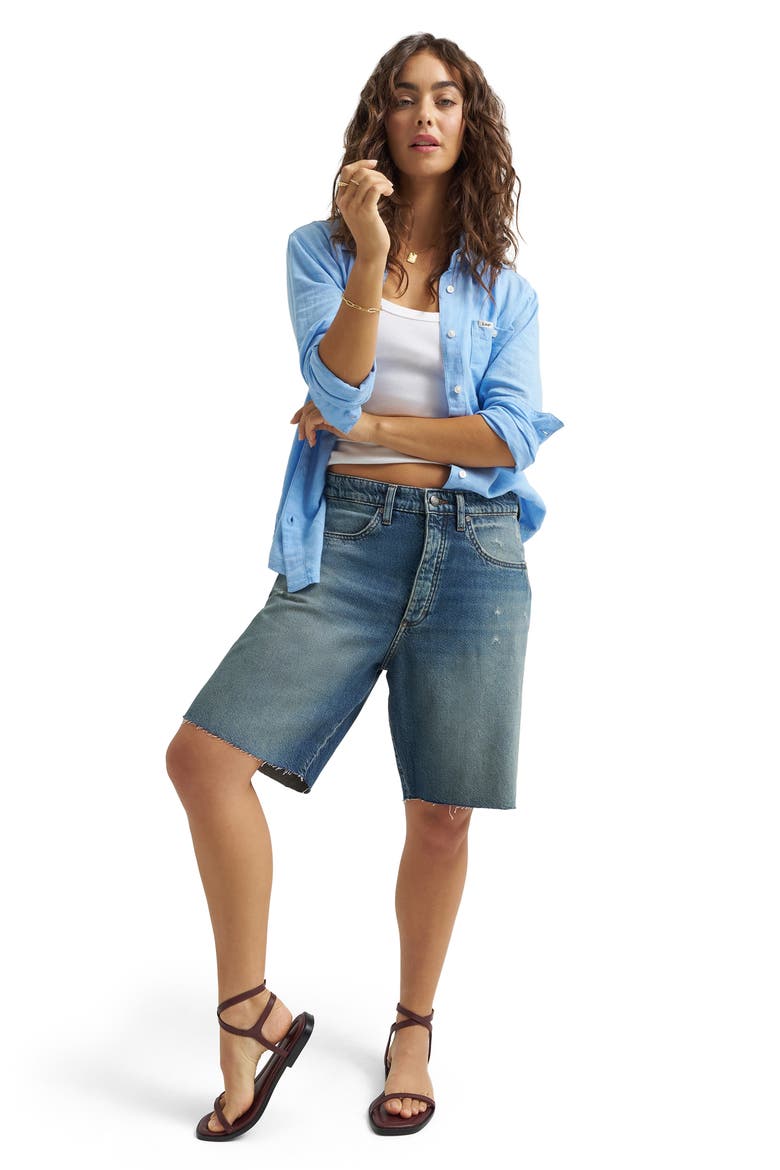 Darted Slouch Distressed Raw Hem Denim Bermuda Shorts, Alternate, color, HEAVY RAINFALL