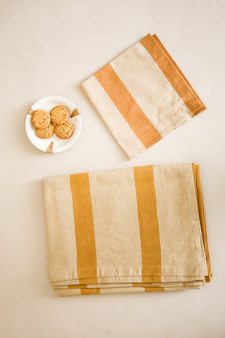 Oh! Stripes (Rose) Block Print Napkins, Set of 4, Alternate, color, Ochre