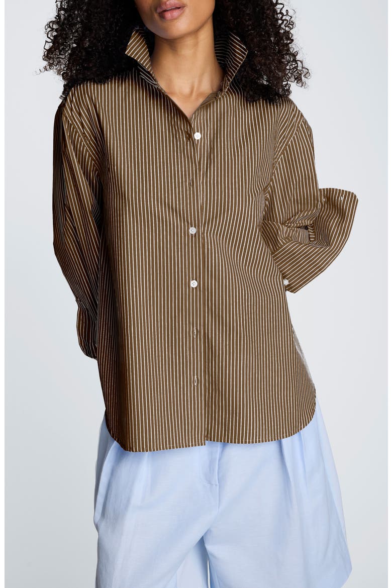Pinstripe Button-Up Boyfriend Shirt, Main, color, MESQUITE MULTI