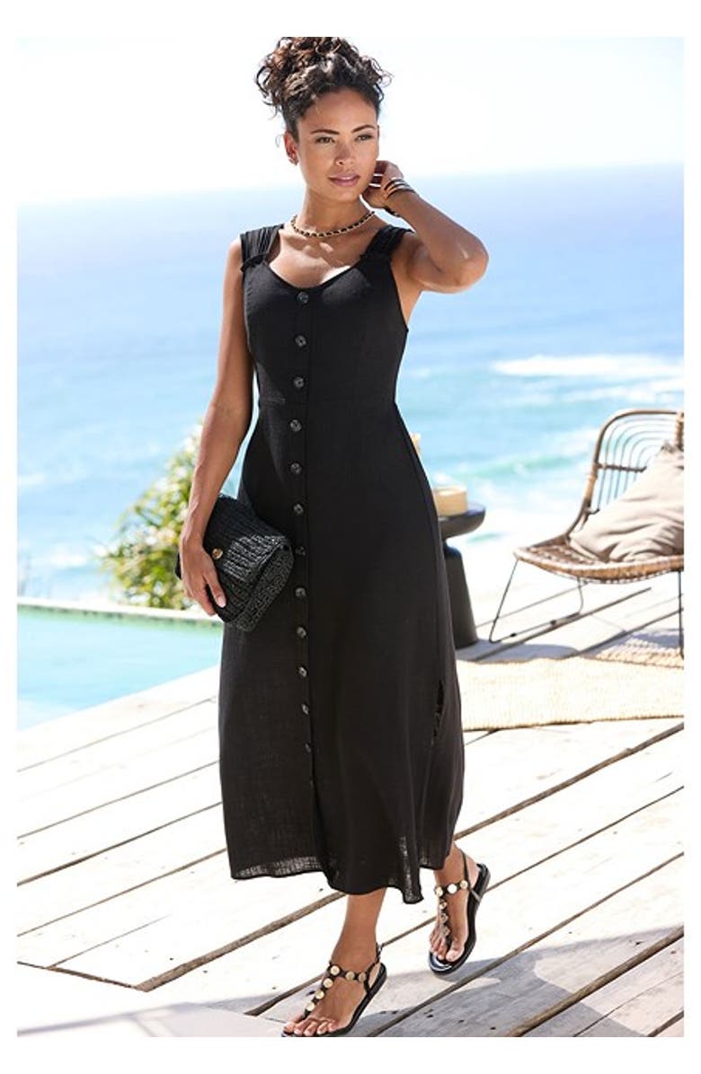 LASCANA Women's Button Detail Maxi Dress, Alternate, color, Black