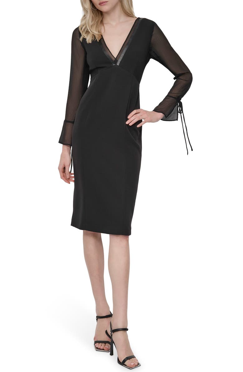 DKNY V-Neck Sheer Long Sleeve Sheath Dress, Main, color, Black/ Black