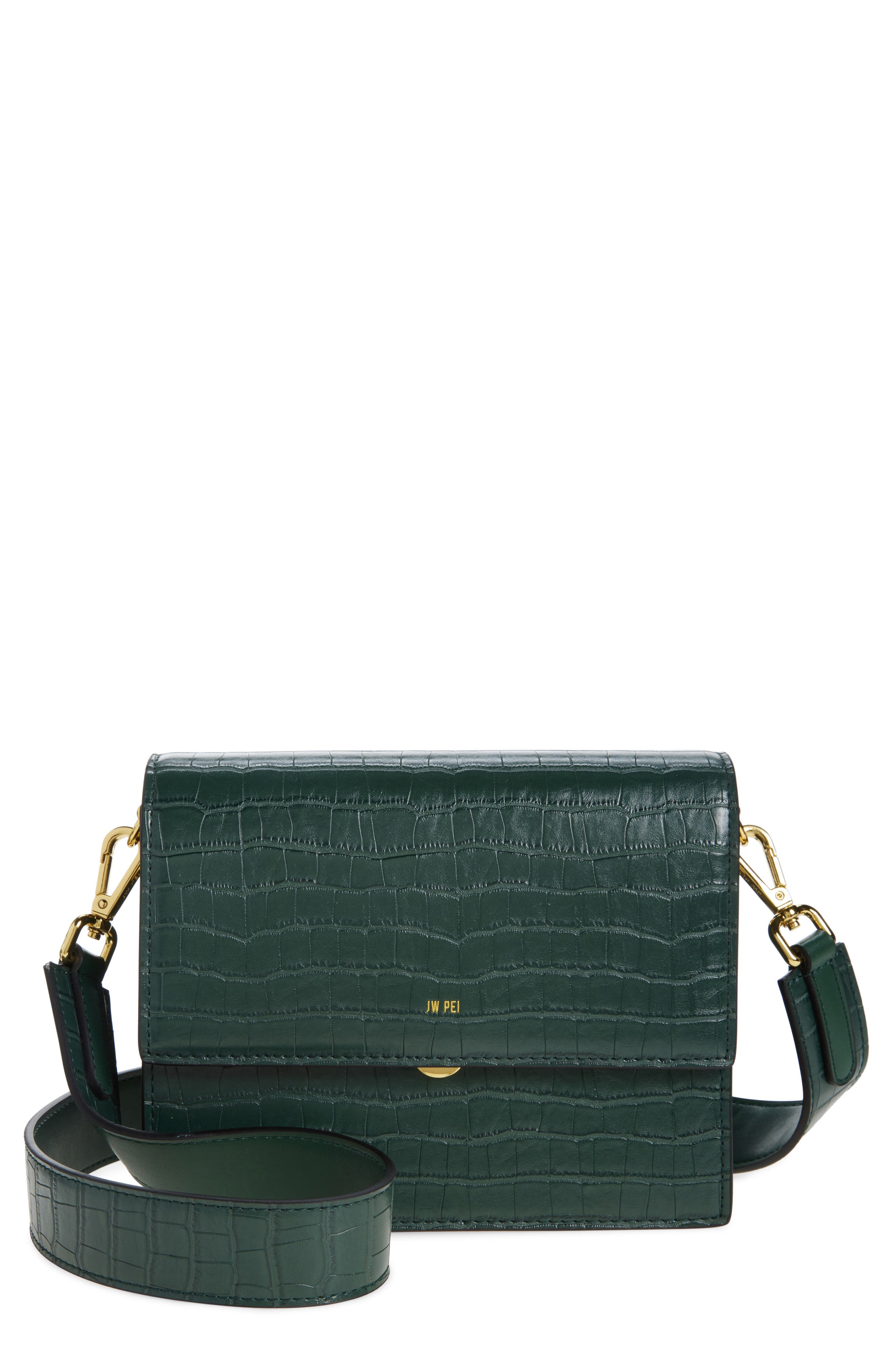 JW PEI Mini Flap Croc Embossed Faux Leather Crossbody Bag in Dark Green Croc 