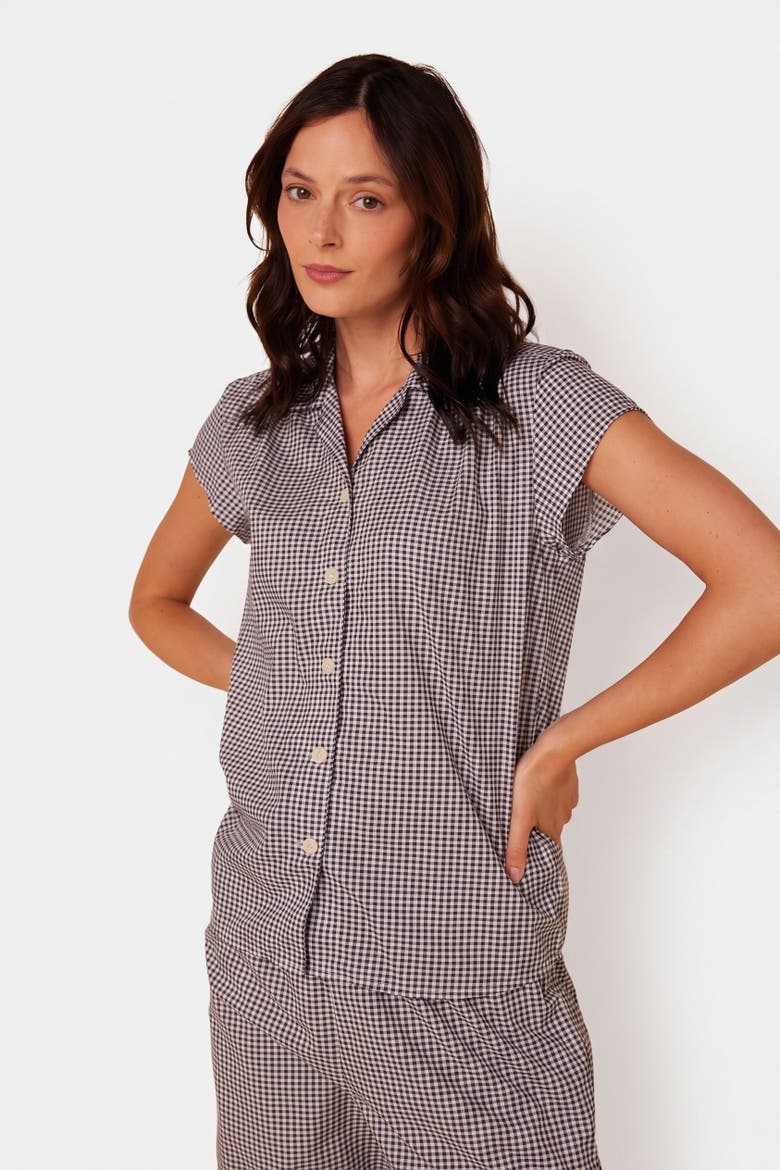 Gingham Pima Cotton Short-Sleeved Capri Pajama Set, Alternate, color, Gingham Navy