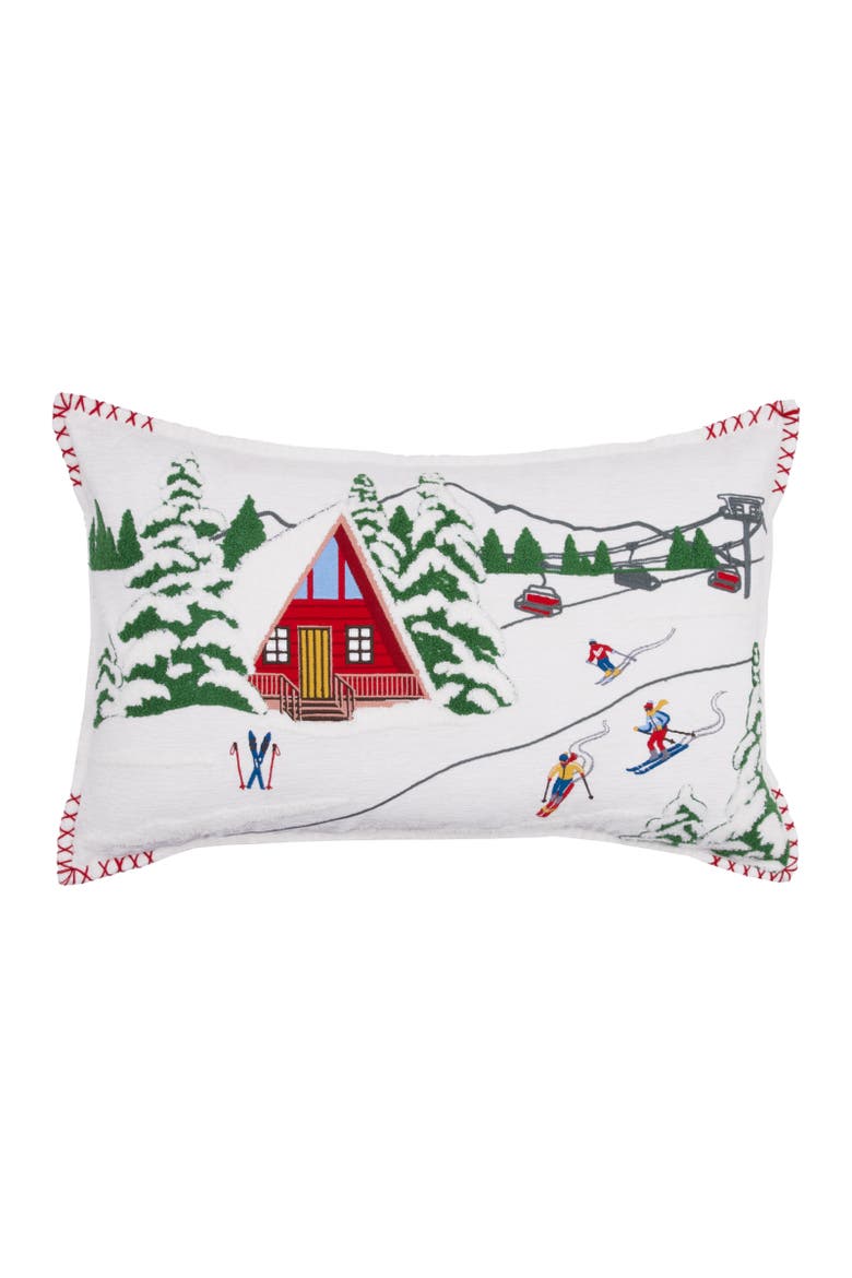 Alpine Winter Ski Cabin Lodge Hooked Christmas Throw Pillow 14" x 22", Main, color, Red