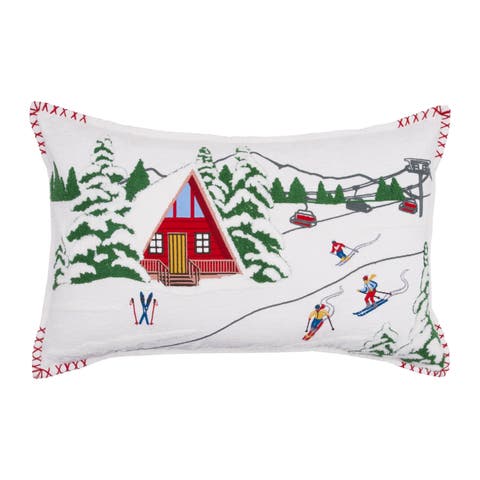 Alpine Winter Ski Cabin Lodge Hooked Christmas Throw Pillow 14" x 22"