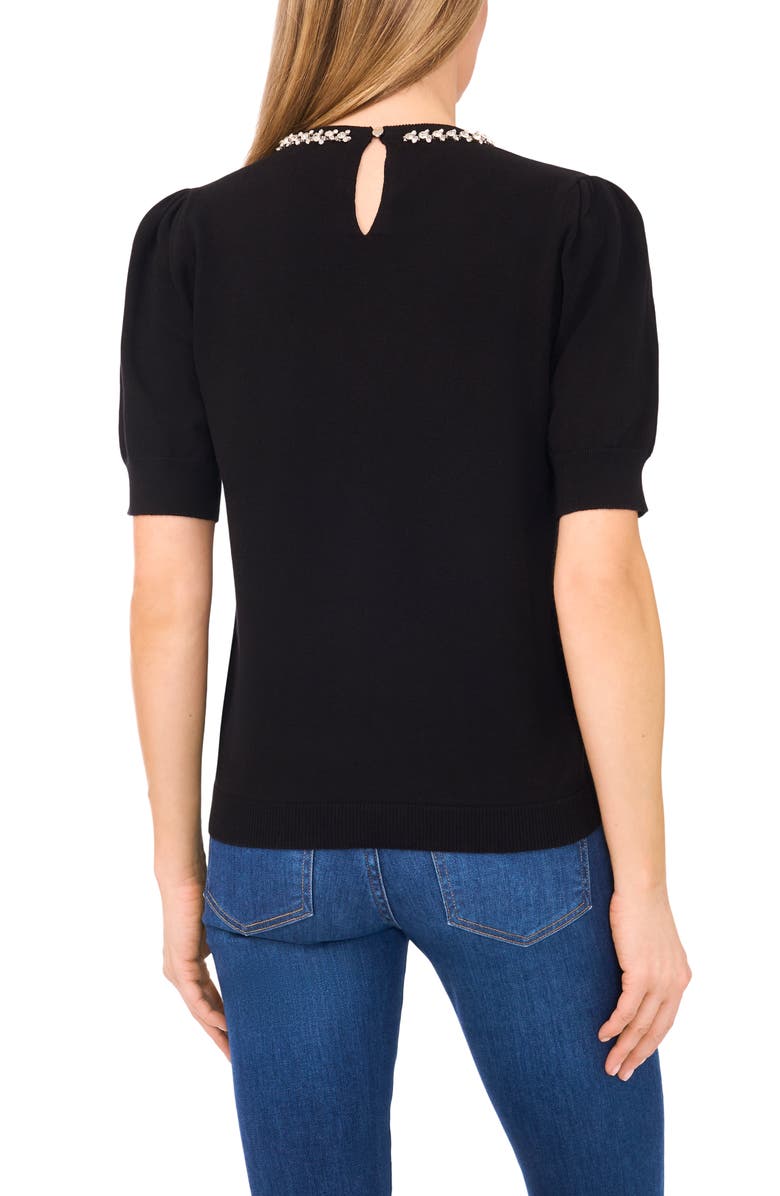 CeCe Embellished Collar Short Sleeve Sweater, Alternate, color, Rich Black