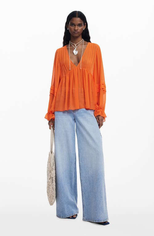 Desigual Balloon Sleeve Semisheer Top In Orange