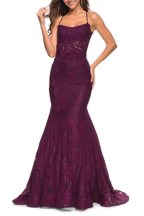 La Femme Mermaid Lace Gown With Sheer Bodice And Open Back In Dark Berry