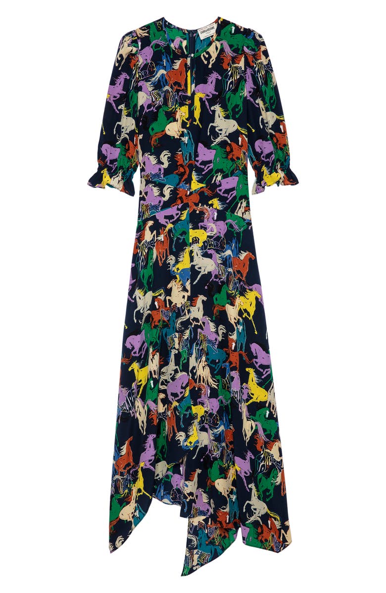 Zadig & Voltaire Ranage Horse Print Silk Crêpe de Chine Maxi Dress, Alternate, color, Blueberry