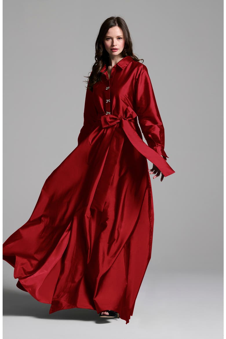 Crystal Bow Button Long Sleeve Taffeta A-Line Gown, Alternate, color, RED