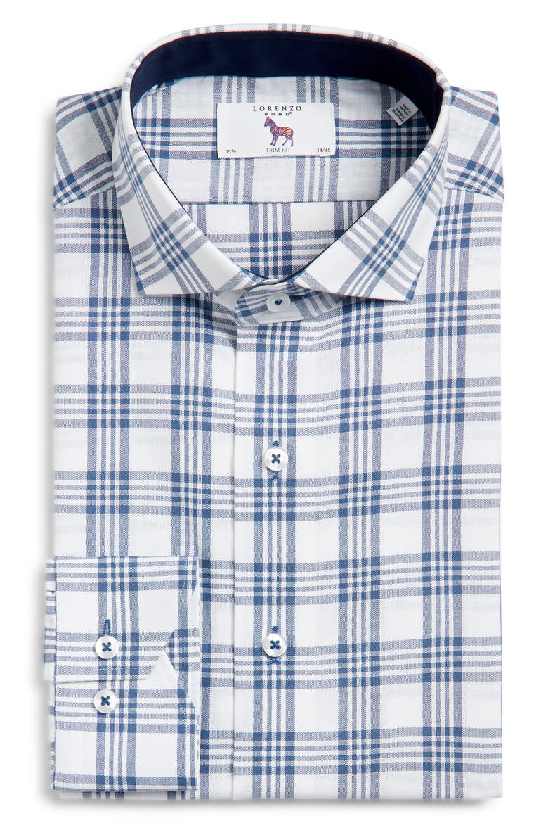 Trim Fit Plaid Cotton Dress Shirt, Alternate, color, NAVY/ WHITE