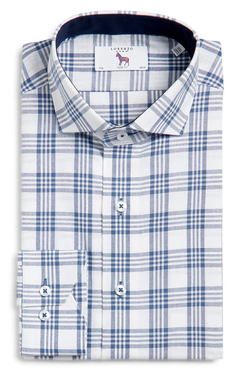 Lorenzo Uomo Trim Fit Plaid Cotton Dress Shirt, Main, color, Navy/ White