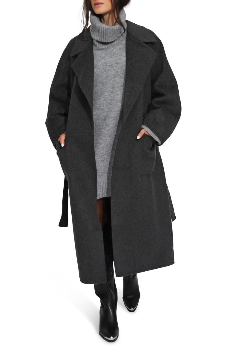 Belted Wool Blend Coat, Alternate, color, BLACK