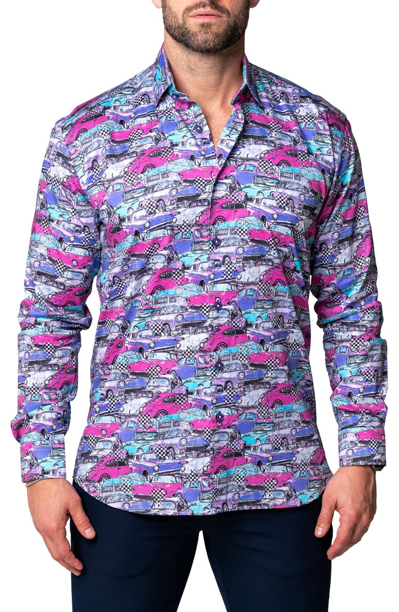 Maceoo Fibonacci Retro Cars Contemporary Fit Button-Up Shirt, Main, color, Blue Multi