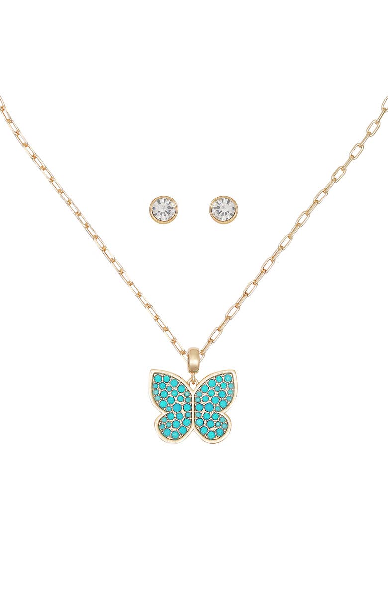 GUESS Butterfly Pendant Necklace & Stud Earrings Set, Alternate, color, Gold/Blue