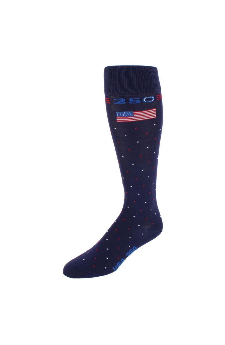 Trafalgar Founders 250 Polka Dot Over The Calf Mercerized Cotton Socks, Main, color, Navy Blue With Polka Dots