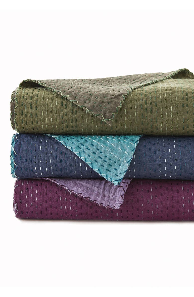 MELANGE HOME Kantha Reversible Cotton Throw Blanket, Alternate, color, Navy And Teal