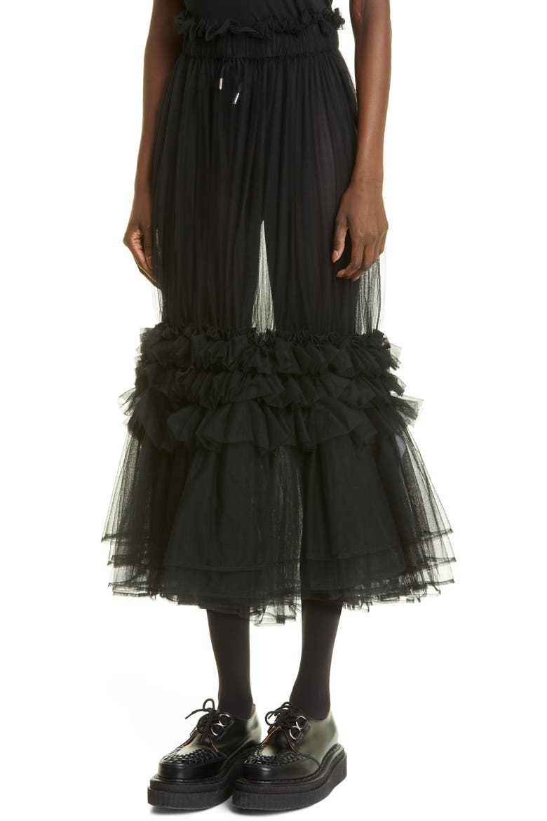 Tiered Tulle Midi Skirt, Alternate, color, BLACK