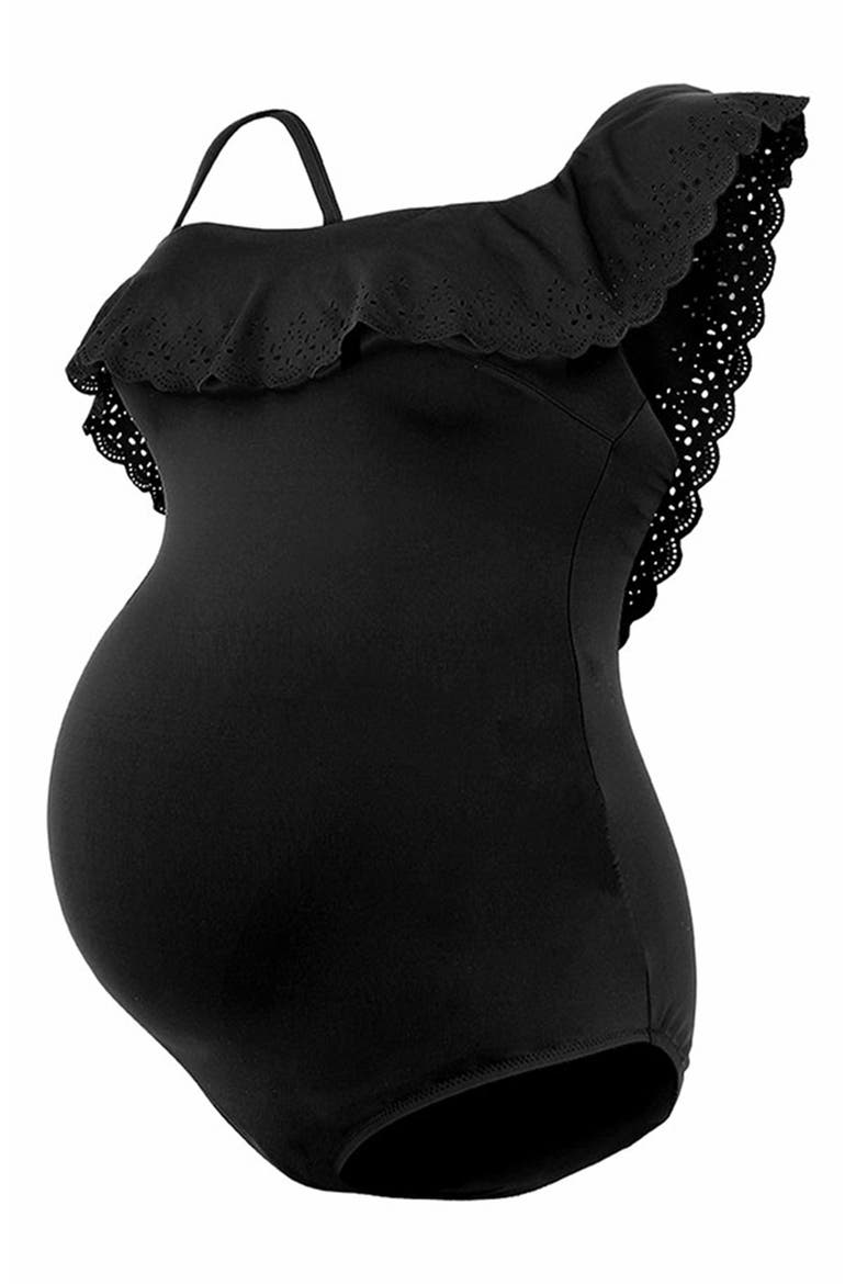 Bloom One-Shoulder One-Piece Maternity Swimsuit, Alternate, color, BLACK