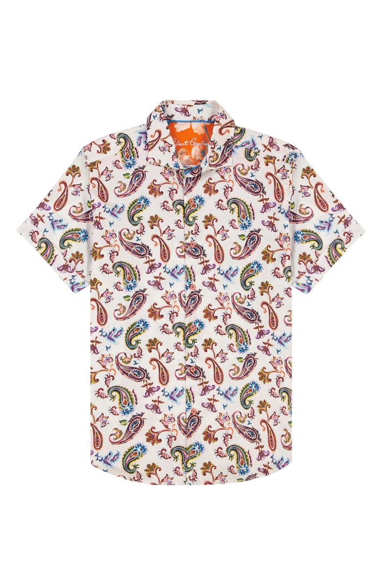 Robert Graham Tangier Paisley Short Sleeve Stretch Cotton Button-Up Shirt, Alternate, color, Red