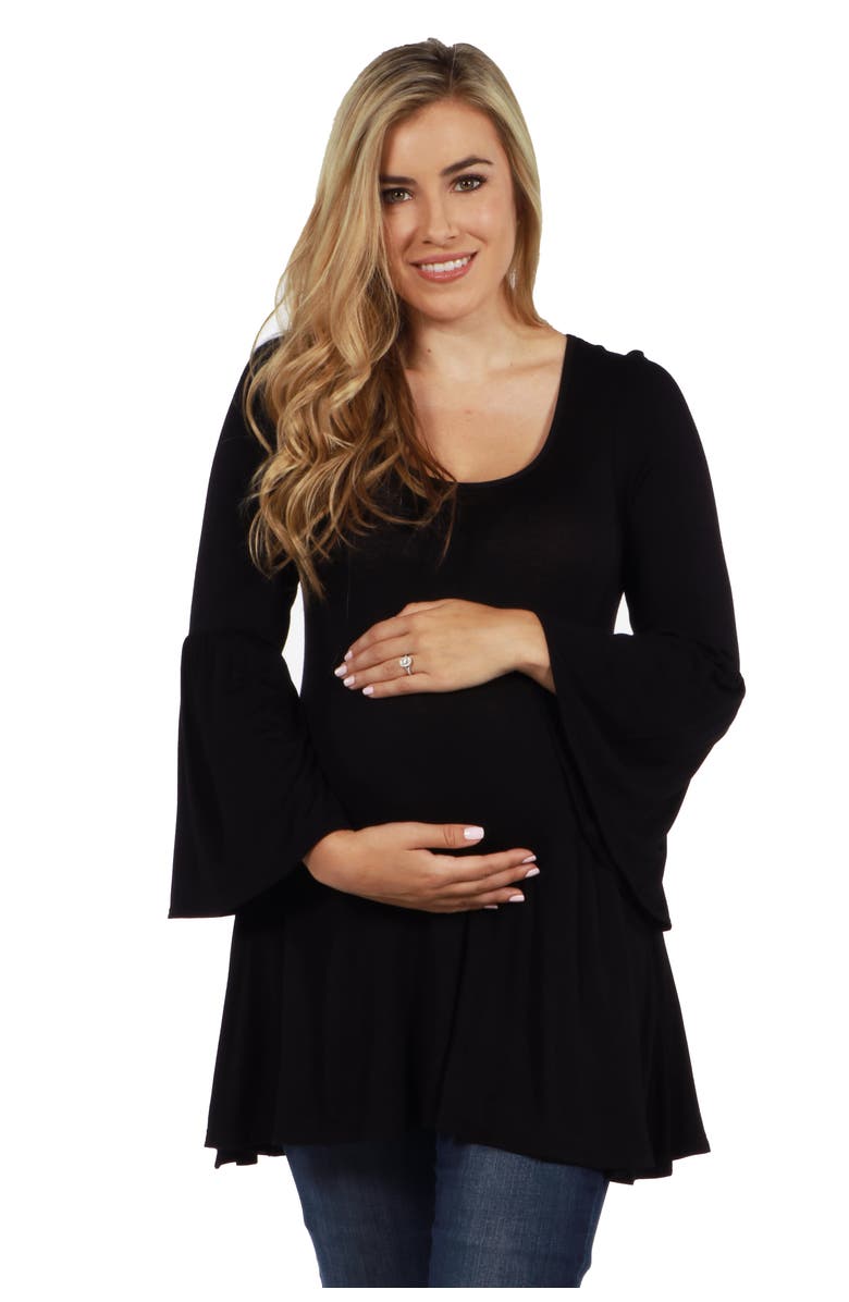 24seven Comfort Apparel Long Bell Sleeve Flared Maternity Tunic Top, Main, color, Black