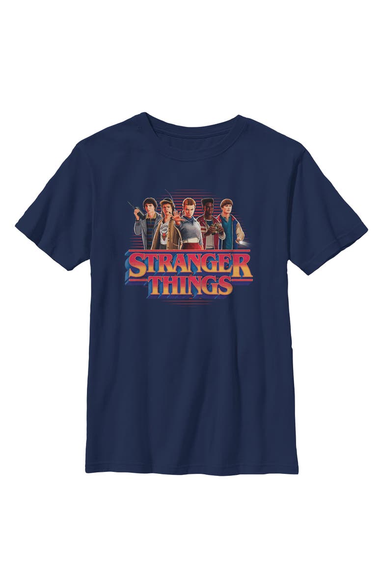 Stranger Things Boy's Stranger Things Retro Friend Group Main Logo Graphic T-Shirt, Main, color, Navy Blue