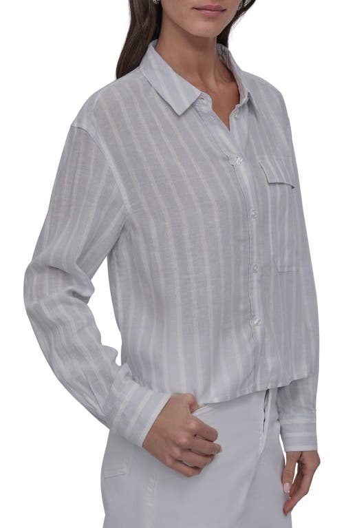 Dkny Jeans Stripe Crop Linen Blend Button-up Shirt In Powder Blue/ivory