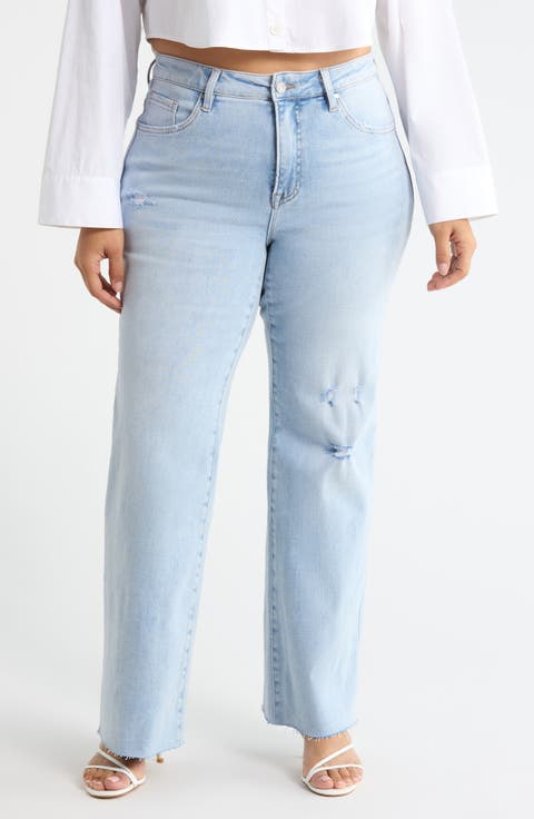 High Waist Raw Hem Wide Leg Jeans (Plus)
