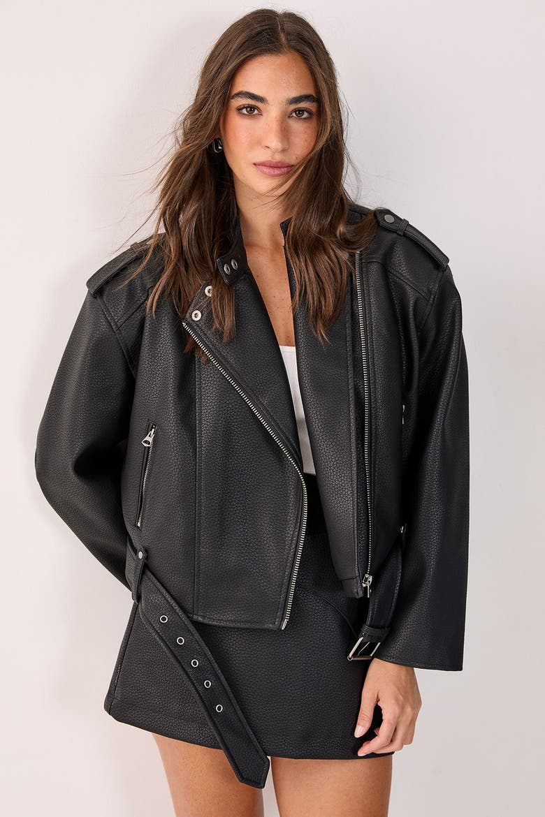Belted Faux Leather Biker Jacket, Main, color, Black