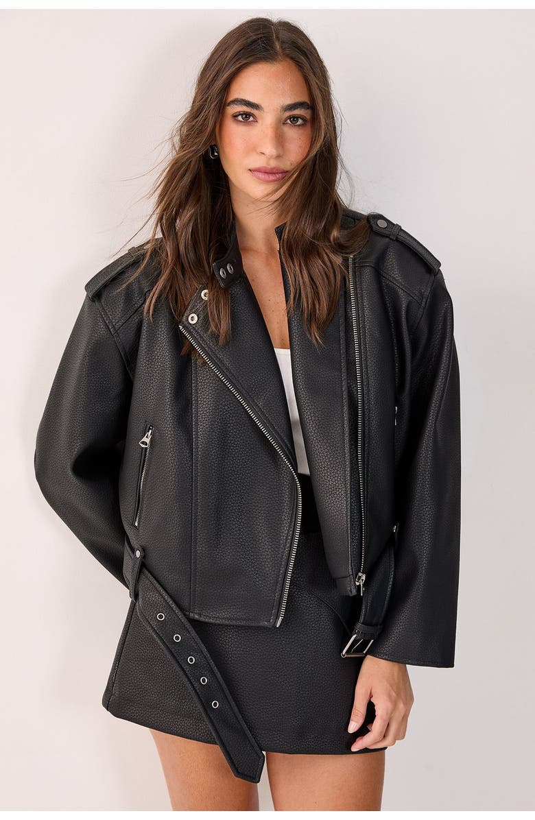 NASTY GAL Belted Faux Leather Biker Jacket, Main, color, Black