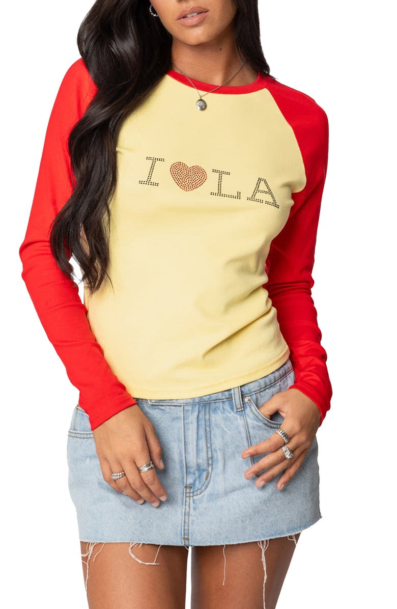 EDIKTED Colorblock Long Sleeve Cotton Graphic Baby Tee, Main, color, 