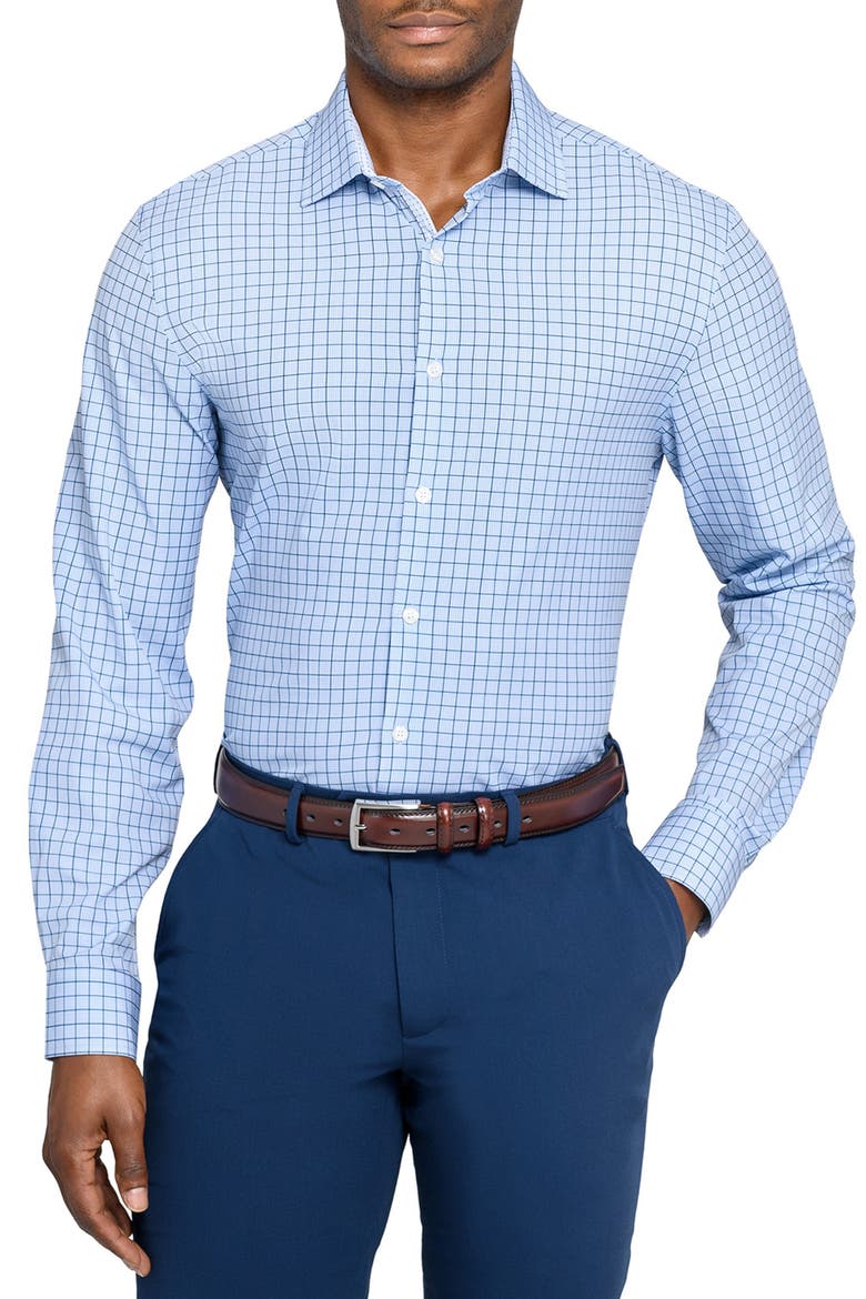Slim Fit Light Blue Check Performance Dress Shirt, Main, color, WHITE/ BLUE