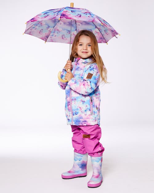 DEUX PAR DEUX DEUX PAR DEUX GIRL'S PRINTED RAIN BOOTS MULTICOLORED AND VIBRANT PINK BACKGROUND 