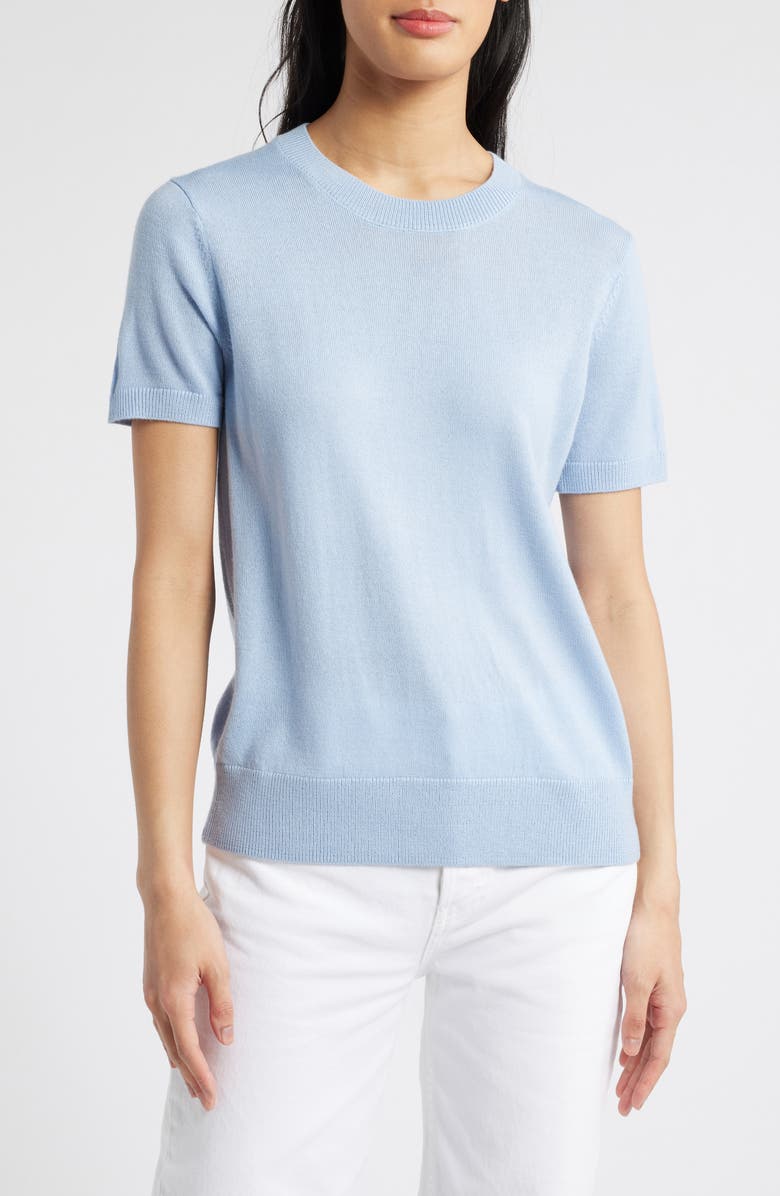 Caslon<sup>®</sup> Short Sleeve Merino Wool Blend Crewneck Sweater, Main, color, Blue Windsurfer