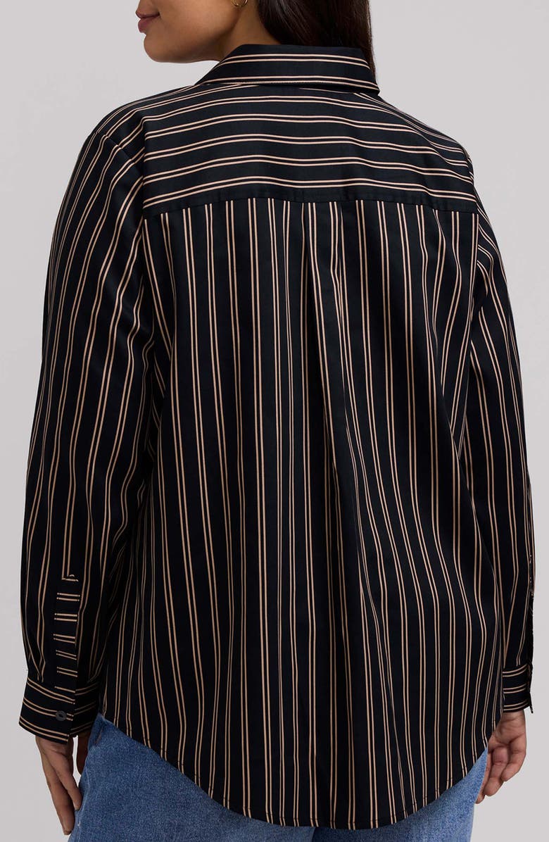 Foxcroft Charlie Stripe Animal Print Trim Cotton Button-Up Shirt, Alternate, color, Black/ Almond